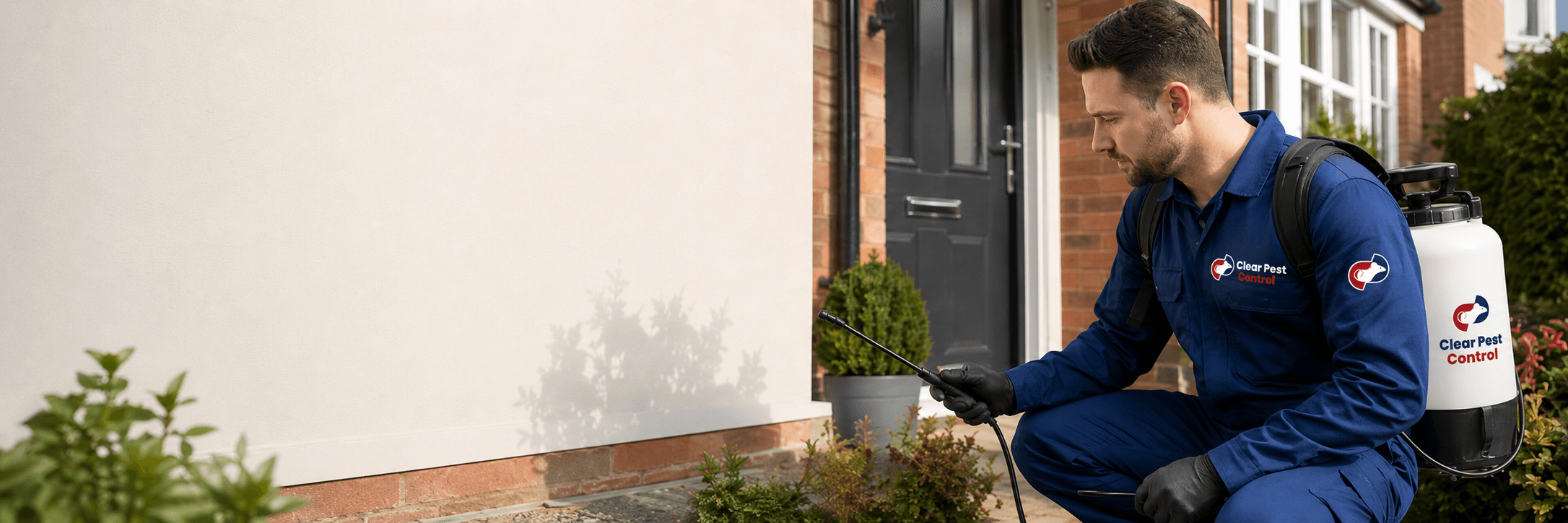 Clear Pest Control technician treating a North East home exterior